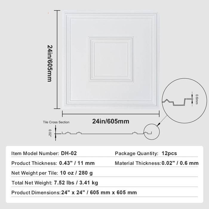 12-Pack Ceiling Tiles 24 X 24 In Pvc Easy Installation White Geometric