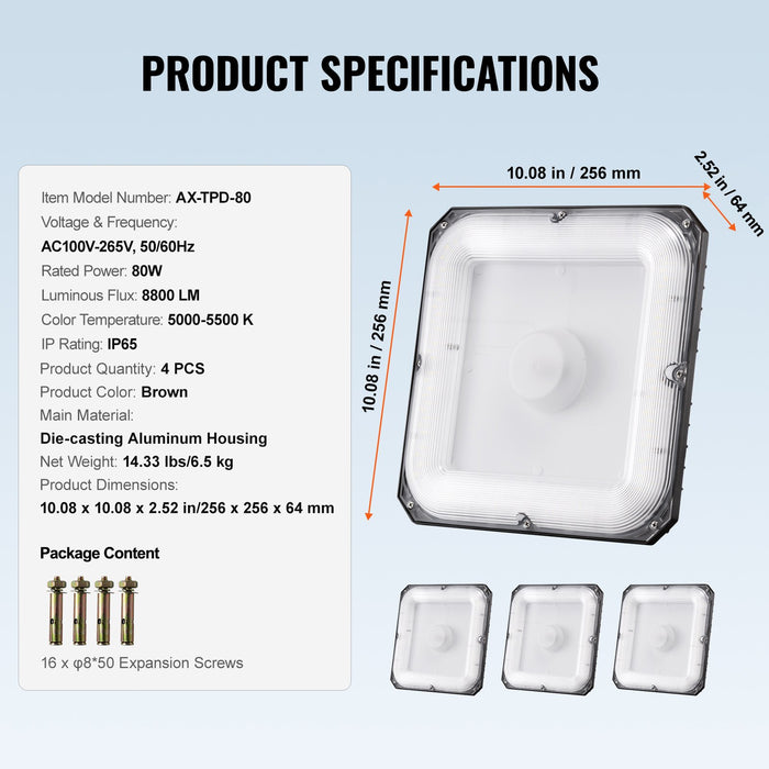 4 Pack Led Canopy Lights 80W 8800Lm 5000K Daylight Outdoor Canopy Lighting