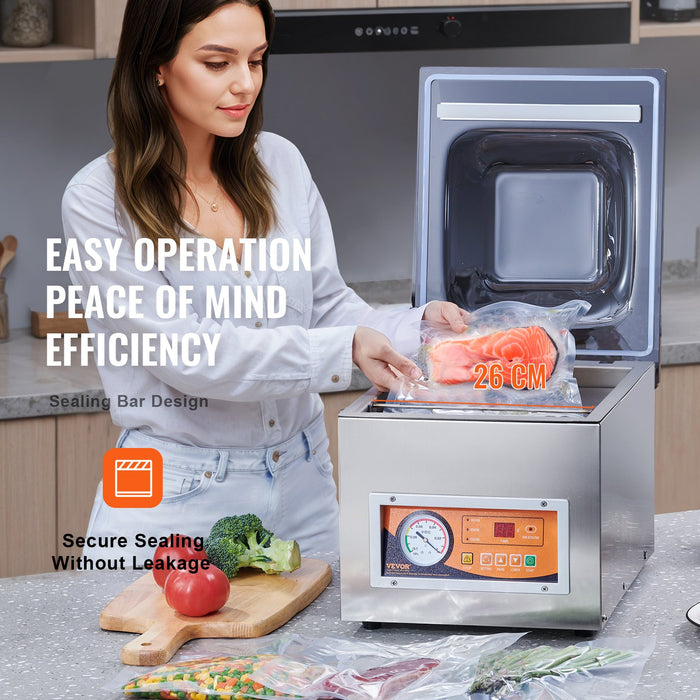 Chamber Vacuum Sealer 260W Sealing Power Vacuum Packing Machine For Wet Foods Meats Marinades And More Compact Size With 260 Mm Sealing Length Applied In Home Kitchen And Commercial Use