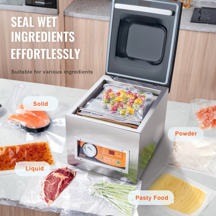 Chamber Vacuum Sealer 260W Sealing Power Vacuum Packing Machine For Wet Foods Meats Marinades And More Compact Size With 260 Mm Sealing Length Applied In Home Kitchen And Commercial Use