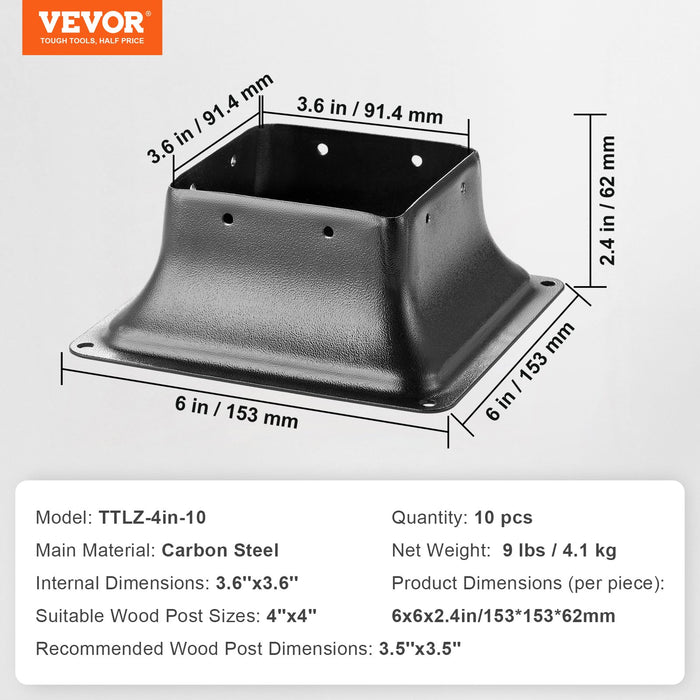 101.6X101.6Mm Post Base 10Pcs Internal 91X91Mm Heavy Duty Powder-Coated Steel Post Bracket Fit For Standard Wood Post Anchor Decking Post Base For Deck Porch Handrail Railing Support