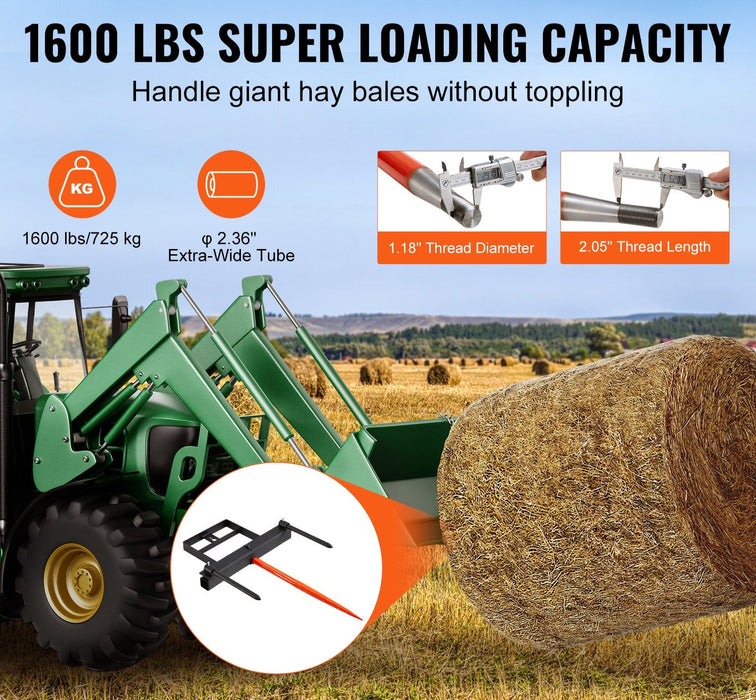 39" Hay Spear Bale Spears 726Kg Loading Capacity Skid Steer Loader Tractor Bucket Attachment With 2Pcs 17.5" Stabilizer Spears And 60" Chain Quick Attach Spike Forks