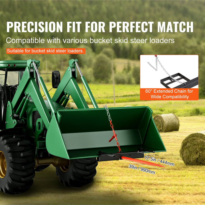 39" Hay Spear Bale Spears 726Kg Loading Capacity Skid Steer Loader Tractor Bucket Attachment With 2Pcs 17.5" Stabilizer Spears And 60" Chain Quick Attach Spike Forks