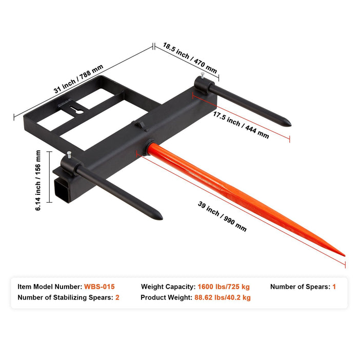 39" Hay Spear Bale Spears 726Kg Loading Capacity Skid Steer Loader Tractor Bucket Attachment With 2Pcs 17.5" Stabilizer Spears And 60" Chain Quick Attach Spike Forks
