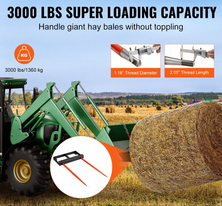 49" Hay Spear Bale Spears 1360Kg Loading Capacity Skid Steer Loader Tractor Bucket Attachment With 2Pcs 17.5" Stabilizer Spears And 60" Chain Quick Attach Spike Forks