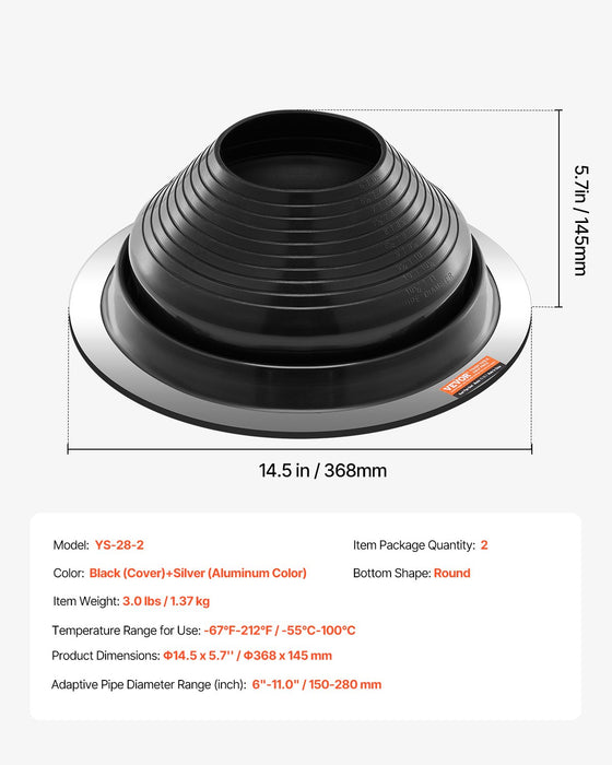 2 Pcs Metal Roof Pipe Flashing Boots Fit 150-280 Mm Pipe High Temp Edpm