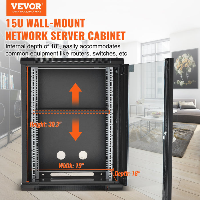 15U Wall Mount Network Cabinet 226.8 Kg Max. Ground Load Capacity Server Rack Cabinet Enclosure With Locking Tempered Glass Door Side Panels Q235 Carbon Steel For It Equipment A / V Devices