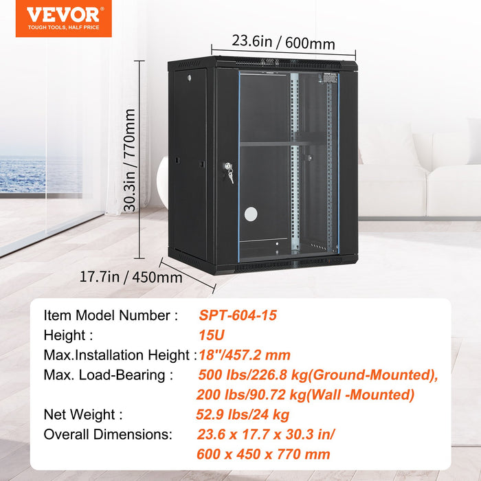 15U Wall Mount Network Cabinet 226.8 Kg Max. Ground Load Capacity Server Rack Cabinet Enclosure With Locking Tempered Glass Door Side Panels Q235 Carbon Steel For It Equipment A / V Devices