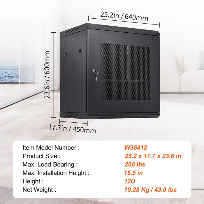 12U Wall Mount Network Server Cabinet 15.5'' Deep Server Rack Cabinet Enclosure 200 Lbs Max. Ground-Mounted Load Capacity With Locking Door Side Panels For It Equipment A / V Devices