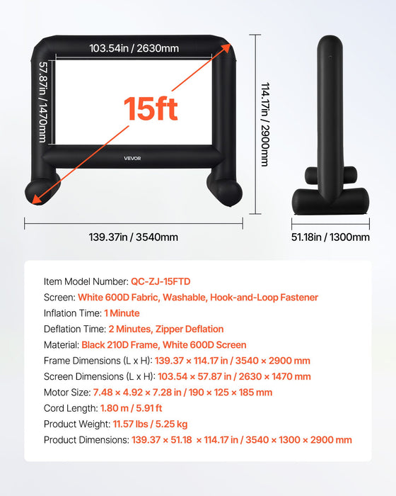 15 Ft Inflatable Movie Screen 16 9 600D Movie Projector With Portable Bag