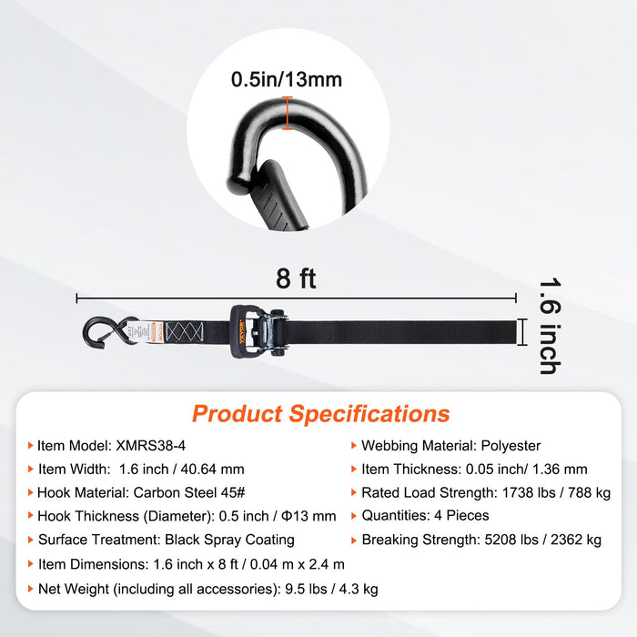 4 Pack Ratchet Tie Down Straps 5208 Lbs 1.6