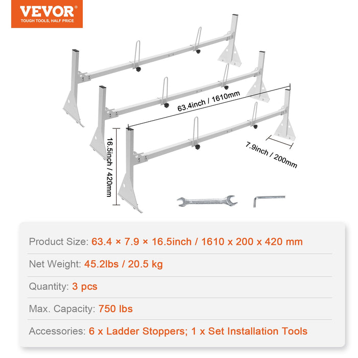 3-Bar Van Roof Ladder Rack Adjustable 56.3"-61.4" For Full-Size Vans