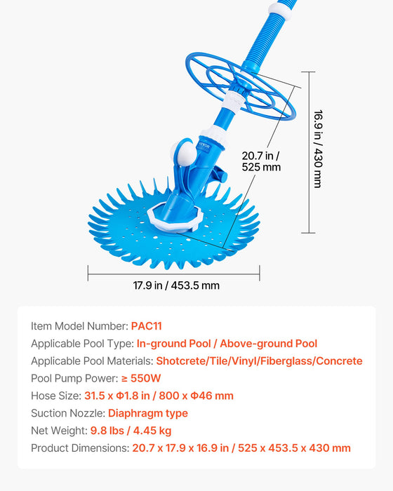 Suction Pool Cleaner Automatic Pool Vacuum Cleaner Suction Side Automatic Pool Cleaner Suction Vacuum Pool Sweeper With 12 Hoses For In-Ground And Above-Ground Pool Up To 609.6 X 1066.8 Cm