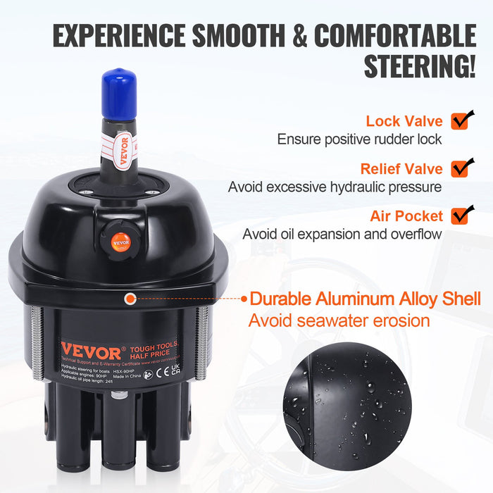 Hydraulic Outboard Steering Kit 90Hp Marine Boat Hydraulic Steering System With Helm Pump Two-Way Lock Cylinder And 24 Feet Hydraulic Steering Hose For Single Station Single-Engine Boats