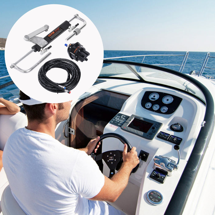 Hydraulic Outboard Steering Kit 90Hp Marine Boat Hydraulic Steering System With Helm Pump Two-Way Lock Cylinder And 24 Feet Hydraulic Steering Hose For Single Station Single-Engine Boats