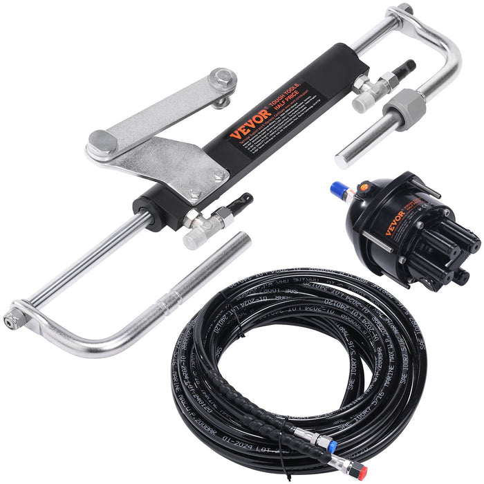 Hydraulic Outboard Steering Kit 90Hp Marine Boat Hydraulic Steering System With Helm Pump Two-Way Lock Cylinder And 24 Feet Hydraulic Steering Hose For Single Station Single-Engine Boats
