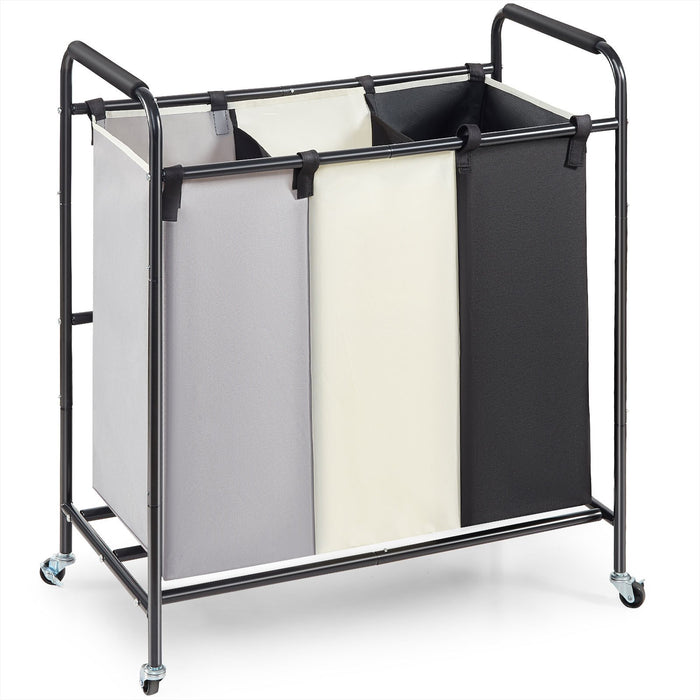 3-Section Laundry Basket Heavy Duty Laundry Hamper Storage Organizer Laundry Sorter Cart With Heavy Duty Lockable Wheels For Dirty Clothes In Laundry Room Bedroom