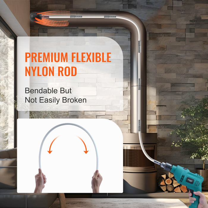 10 M Chimney Sweep Kit W / 10 Reinforced Nylon Flexible Rods Ergonomic Chimney Cleaning Brush 360-Degree Brush Chimney Cleaner Rich Accessories For Fireplace Flue Home Use Fits Most Pipes