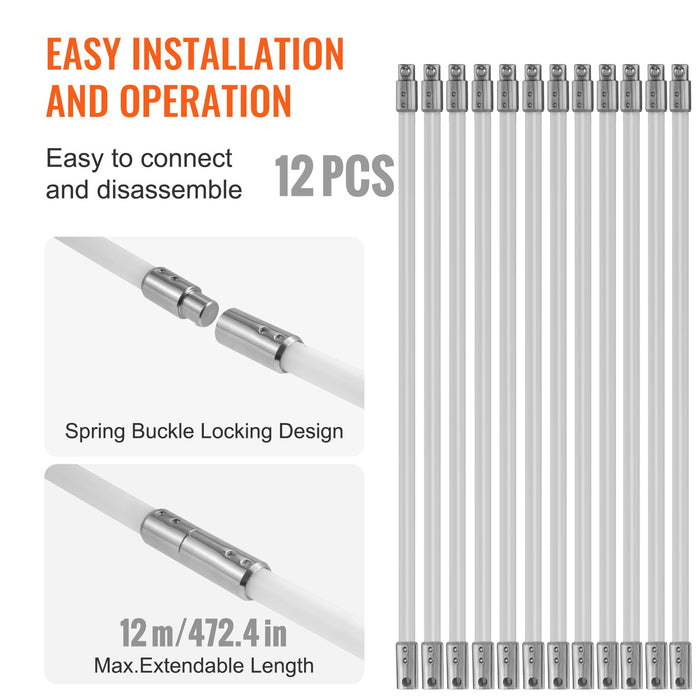 12 M Chimney Sweep Kit W / 12 Reinforced Nylon Flexible Rods Ergonomic Chimney Cleaning Brush 360-Degree Brush Chimney Cleaner Rich Accessories For Fireplace Flue Home Use Fits Most Pipes