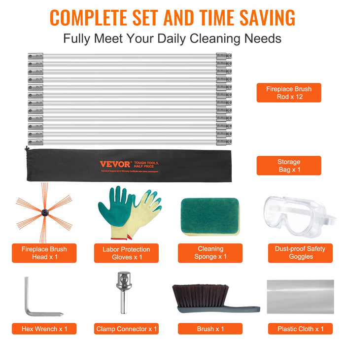 12 M Chimney Sweep Kit W / 12 Reinforced Nylon Flexible Rods Ergonomic Chimney Cleaning Brush 360-Degree Brush Chimney Cleaner Rich Accessories For Fireplace Flue Home Use Fits Most Pipes