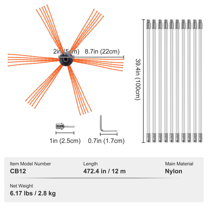 12 M Chimney Sweep Kit W / 12 Reinforced Nylon Flexible Rods Ergonomic Chimney Cleaning Brush 360-Degree Brush Chimney Cleaner Rich Accessories For Fireplace Flue Home Use Fits Most Pipes