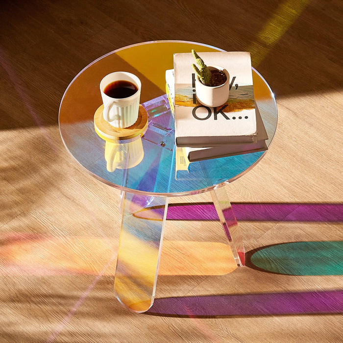 Round Iridescent Side Table Acrylic End Table Clear Rainbow Acrylic Coffee Table For Drink Food Snack Used In Living Room Bedroom And Study