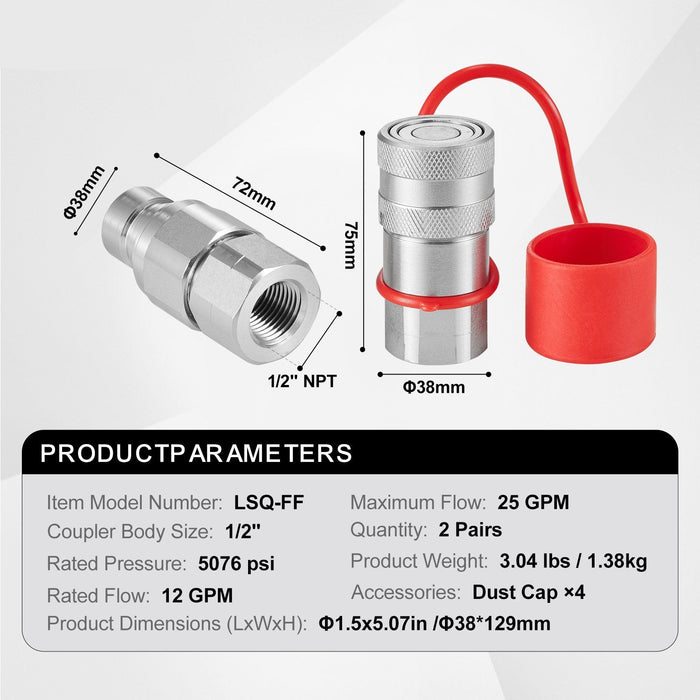 1 / 2" Flat Face Hydraulic Couplers 1 / 2" Npt Skid Steer Couplers 4 Dust Caps