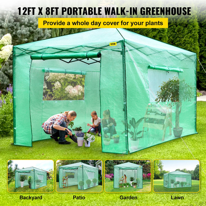 12\'X 8\'X 8\' Pop-Up Greenhouse Set Up In Minutes Portable Greenhouse With Doors & Windows. High Strength Pe Cover & Powder-Coated Steel Construction