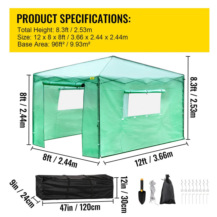 12\'X 8\'X 8\' Pop-Up Greenhouse Set Up In Minutes Portable Greenhouse With Doors & Windows. High Strength Pe Cover & Powder-Coated Steel Construction