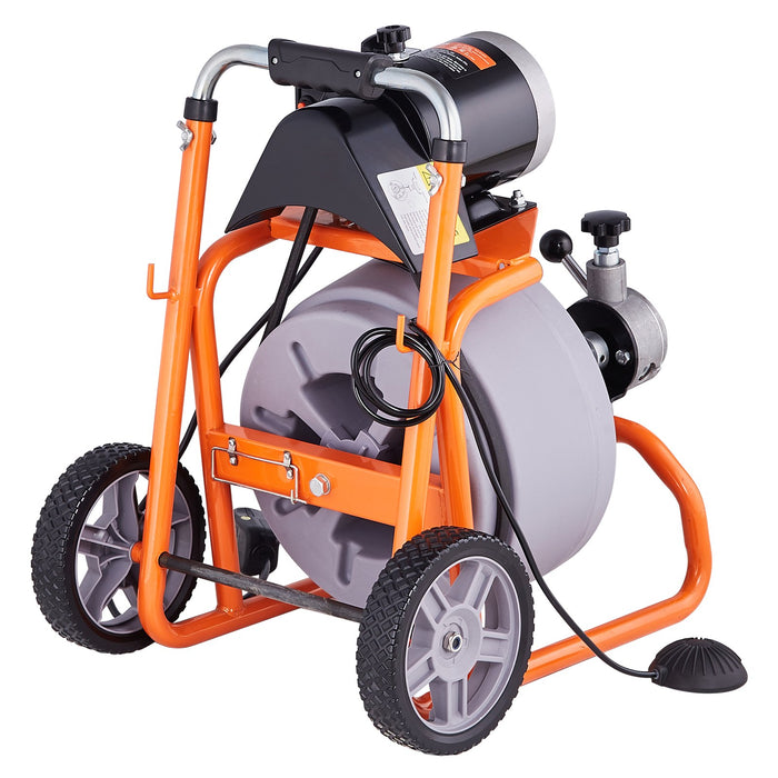 Drain Cleaner Machine 100Ft X 3 / 8 Inch Auto Feed Sewer Snake Drain Auger On Wheels Portable Drain Cleaning Machine With 8 Cutters & Air-Activated Foot Switch For 2" To 4" Pipes