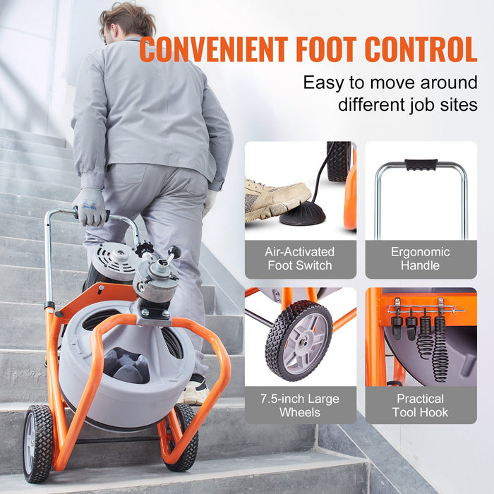 Drain Cleaner Machine 100Ft X 3 / 8 Inch Auto Feed Sewer Snake Drain Auger On Wheels Portable Drain Cleaning Machine With 8 Cutters & Air-Activated Foot Switch For 2" To 4" Pipes