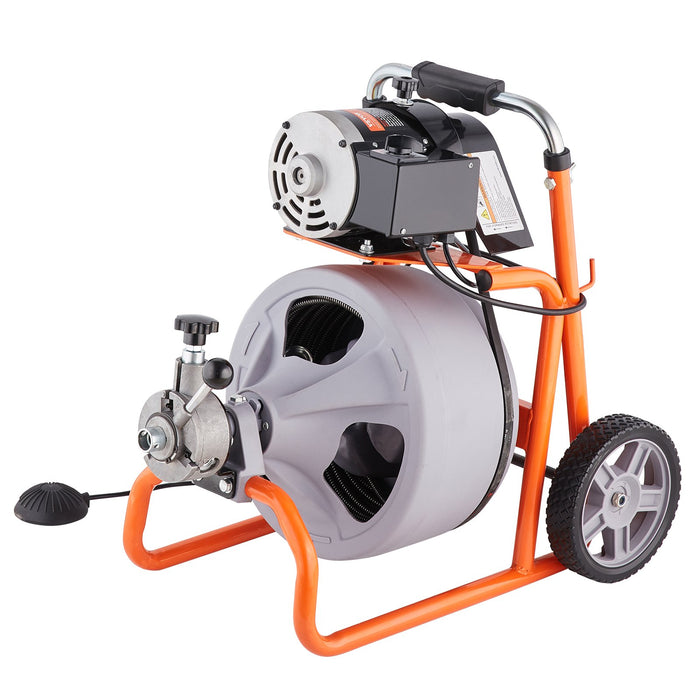Drain Cleaner Machine 100Ft X 3 / 8 Inch Auto Feed Sewer Snake Drain Auger On Wheels Portable Drain Cleaning Machine With 8 Cutters & Air-Activated Foot Switch For 2" To 4" Pipes