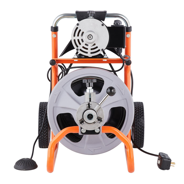 Drain Cleaner Machine 100Ft X 3 / 8 Inch Auto Feed Sewer Snake Drain Auger On Wheels Portable Drain Cleaning Machine With 8 Cutters & Air-Activated Foot Switch For 2" To 4" Pipes