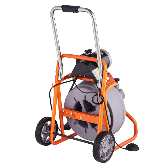 Drain Cleaner Machine 100Ft X 1 / 2 Inch Auto Feed Sewer Snake Drain Auger On Wheels Portable Drain Cleaning Machine With 8 Cutters & Air-Activated Foot Switch For 2" To 4" Pipes