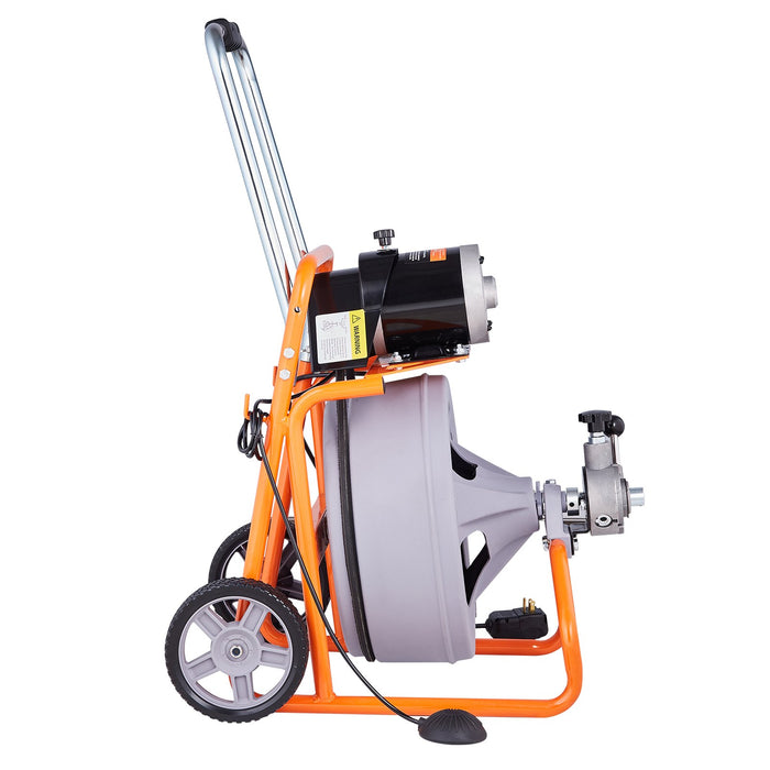 Drain Cleaner Machine 100Ft X 1 / 2 Inch Auto Feed Sewer Snake Drain Auger On Wheels Portable Drain Cleaning Machine With 8 Cutters & Air-Activated Foot Switch For 2" To 4" Pipes