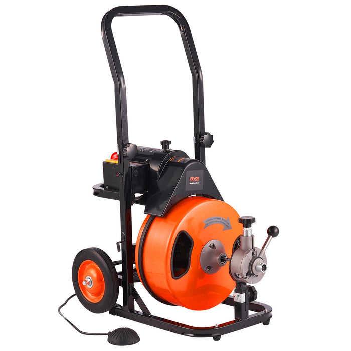 50Ft X 3 / 8 Inch Drain Cleaner Machine Sewer Auger Auto Feed With 4 Cutter & Air-Activated Foot Switch For 2" To 4" Pipes