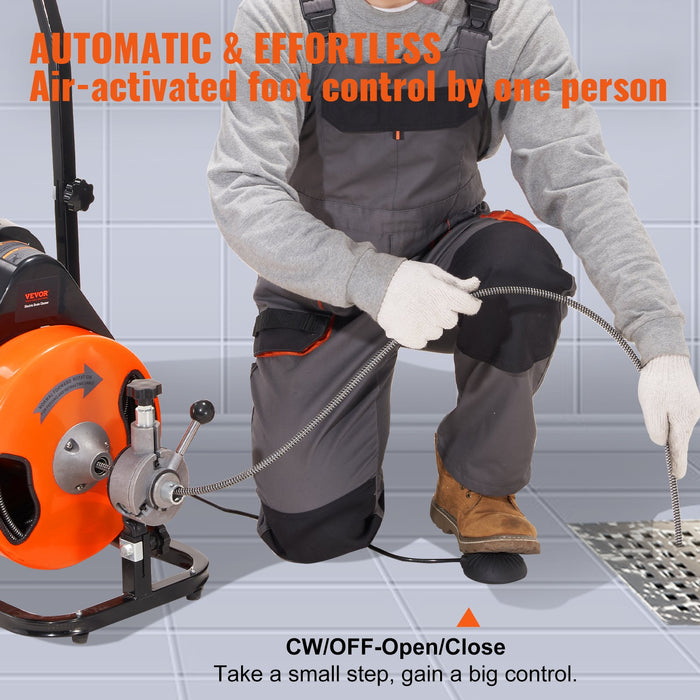 50Ft X 3 / 8 Inch Drain Cleaner Machine Sewer Auger Auto Feed With 4 Cutter & Air-Activated Foot Switch For 2" To 4" Pipes