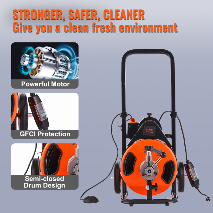 50Ft X 3 / 8 Inch Drain Cleaner Machine Sewer Auger Auto Feed With 4 Cutter & Air-Activated Foot Switch For 2" To 4" Pipes
