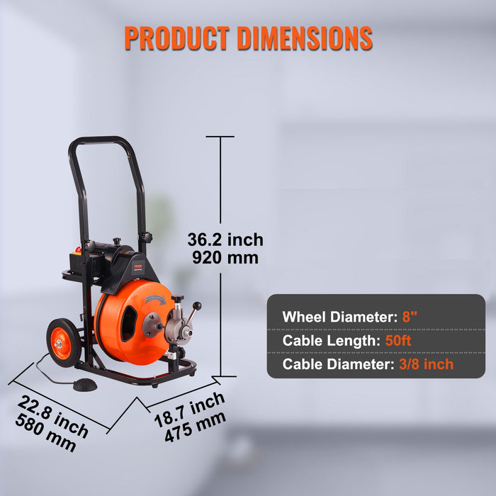50Ft X 3 / 8 Inch Drain Cleaner Machine Sewer Auger Auto Feed With 4 Cutter & Air-Activated Foot Switch For 2" To 4" Pipes