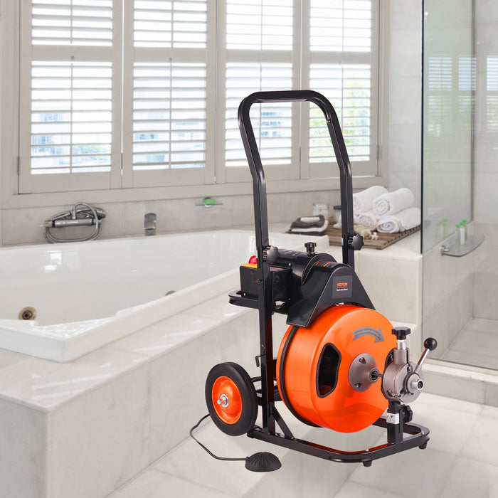 50Ft X 3 / 8 Inch Drain Cleaner Machine Sewer Auger Auto Feed With 4 Cutter & Air-Activated Foot Switch For 2" To 4" Pipes