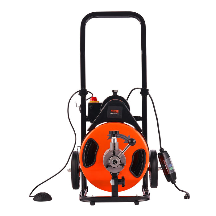 50Ft X 3 / 8 Inch Drain Cleaner Machine Sewer Auger Auto Feed With 4 Cutter & Air-Activated Foot Switch For 2" To 4" Pipes