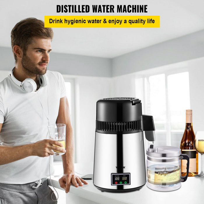 1.1 Gal Water Distiller 0.3 Gal / H 750W Distilled Water Maker Machine 0-99H Timing Set Temp Display 304 Stainless Steel Countertop Distiller Glass Carafe Cleaning Powder 3 Carbon Packs Silver