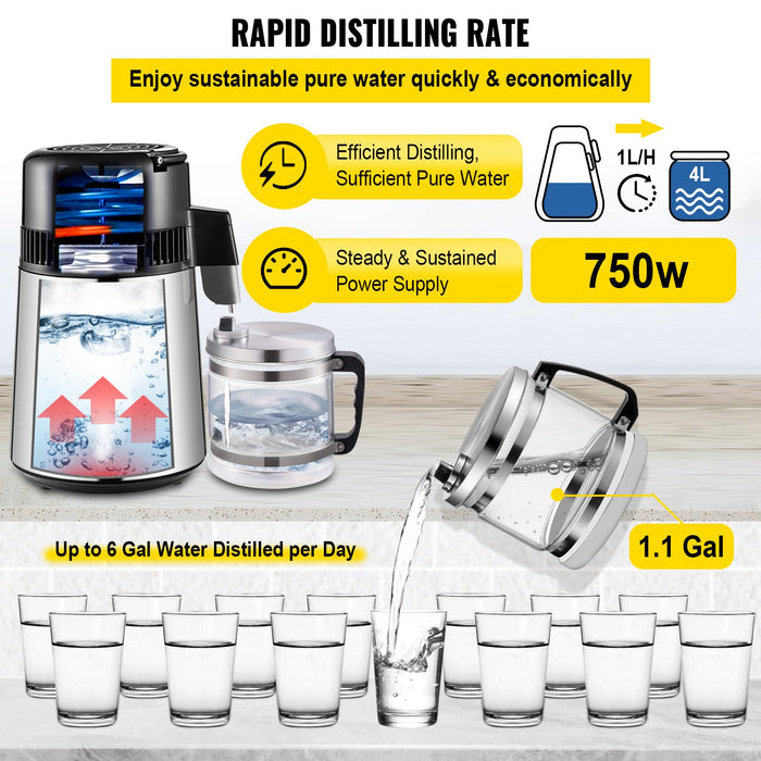 1.1 Gal Water Distiller 0.3 Gal / H 750W Distilled Water Maker Machine 0-99H Timing Set Temp Display 304 Stainless Steel Countertop Distiller Glass Carafe Cleaning Powder 3 Carbon Packs Silver