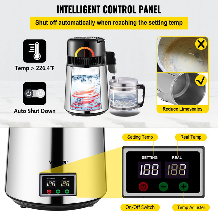 1.1 Gal Water Distiller 0.3 Gal / H 750W Distilled Water Maker Machine 0-99H Timing Set Temp Display 304 Stainless Steel Countertop Distiller Glass Carafe Cleaning Powder 3 Carbon Packs Silver