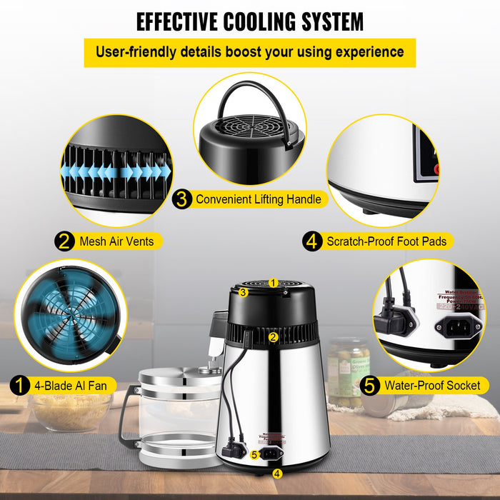 1.1 Gal Water Distiller 0.3 Gal / H 750W Distilled Water Maker Machine 0-99H Timing Set Temp Display 304 Stainless Steel Countertop Distiller Glass Carafe Cleaning Powder 3 Carbon Packs Silver