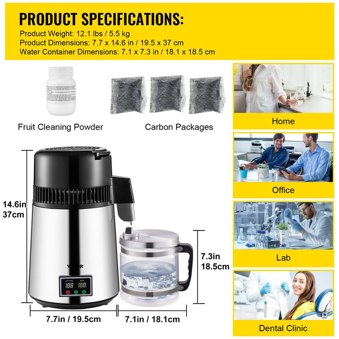 1.1 Gal Water Distiller 0.3 Gal / H 750W Distilled Water Maker Machine 0-99H Timing Set Temp Display 304 Stainless Steel Countertop Distiller Glass Carafe Cleaning Powder 3 Carbon Packs Silver