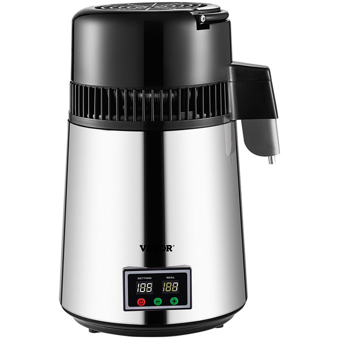1.1 Gal Water Distiller 0.3 Gal / H 750W Distilled Water Maker Machine 0-99H Timing Set Temp Display 304 Stainless Steel Countertop Distiller Glass Carafe Cleaning Powder 3 Carbon Packs Silver