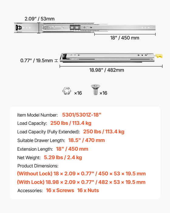 1 Pair 16-60 In Soft-Close Drawer Slides Ball Bearing Full Extension