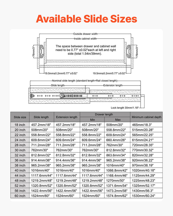 1 Pair 18-60 In Soft-Close Drawer Slides Ball Bearing Full Extension