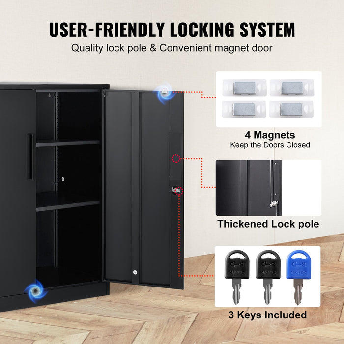 Metal Storage Cabinet W / 3 Keys 2 Adjustable Shelves & Magnetic Door Black